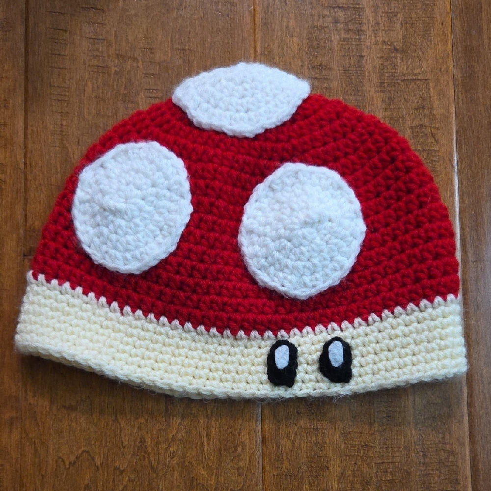 Red and White Crochet Mushroom Beanie